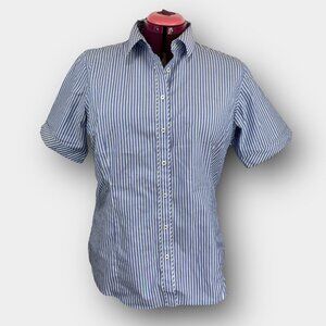 Denver Hayes Pin-Stripe Stretch Blouse XL Blue / White Short-Sleeve Button Front